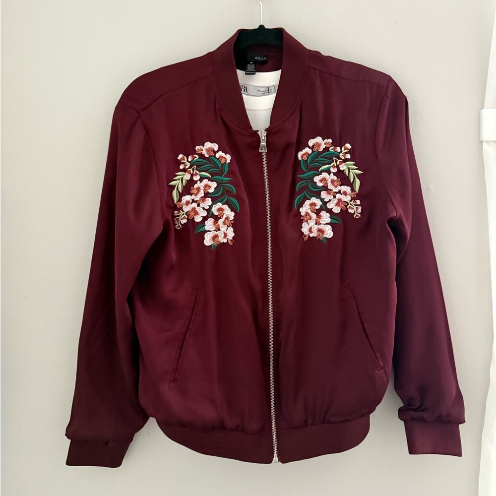 Aqua by Bloomingdale's Burgundy Satin Effect Bomber with Floral Embroidery